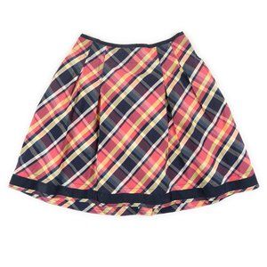 L.L. BEAN navy pink yellow Spring plaid A-line pleated cotton skirt size 8